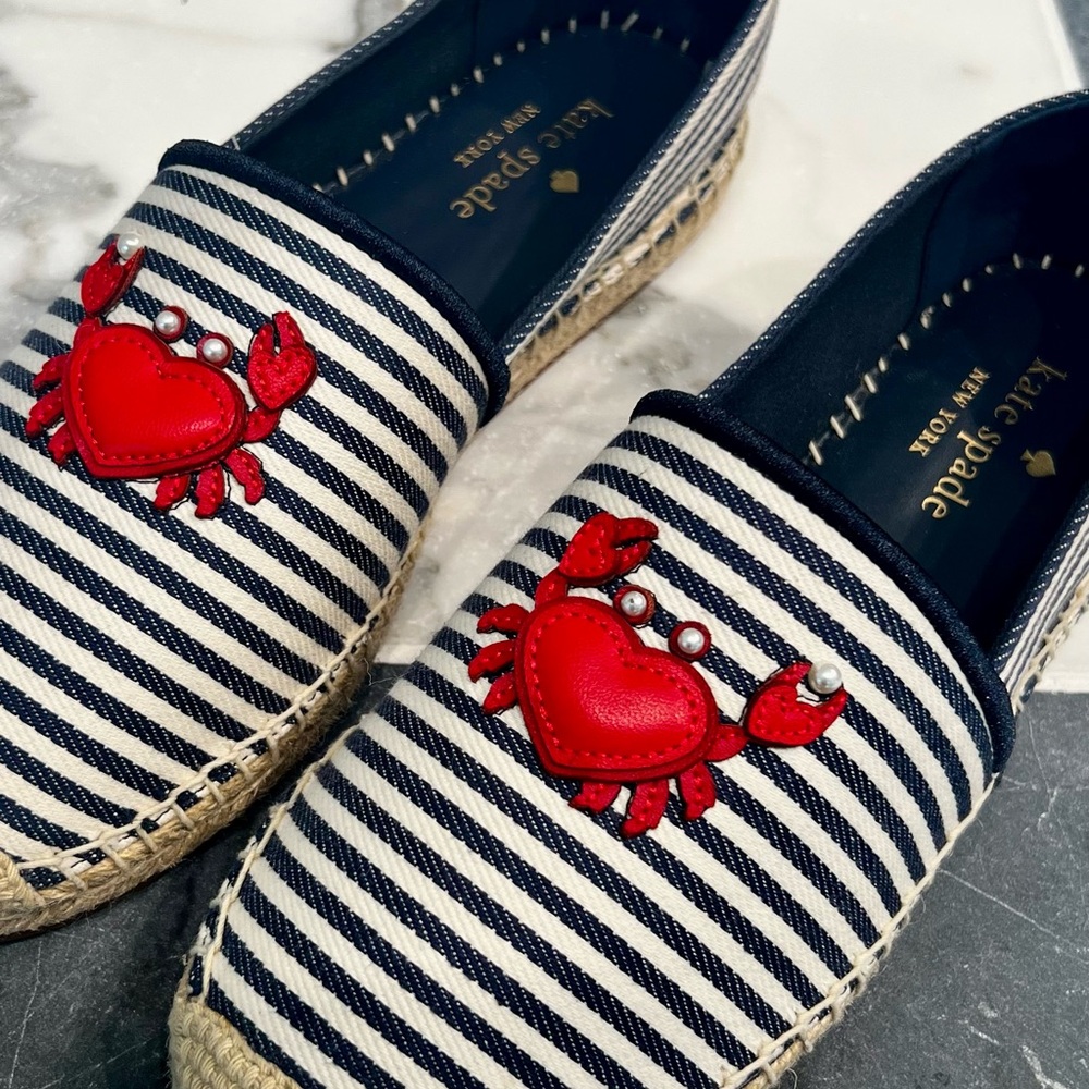 Kate Spade Navy and White Striped Espadrilles with Red Crab Appliqué